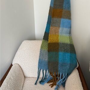 Multicolor Plaid Fringe Scarf - Blue, Teal & Mustard